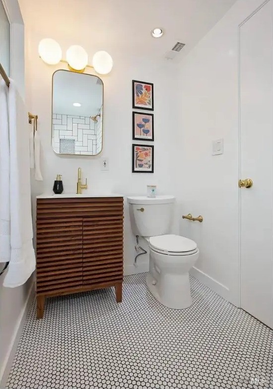 Second remodeled bath with walnut vanity and penny tile