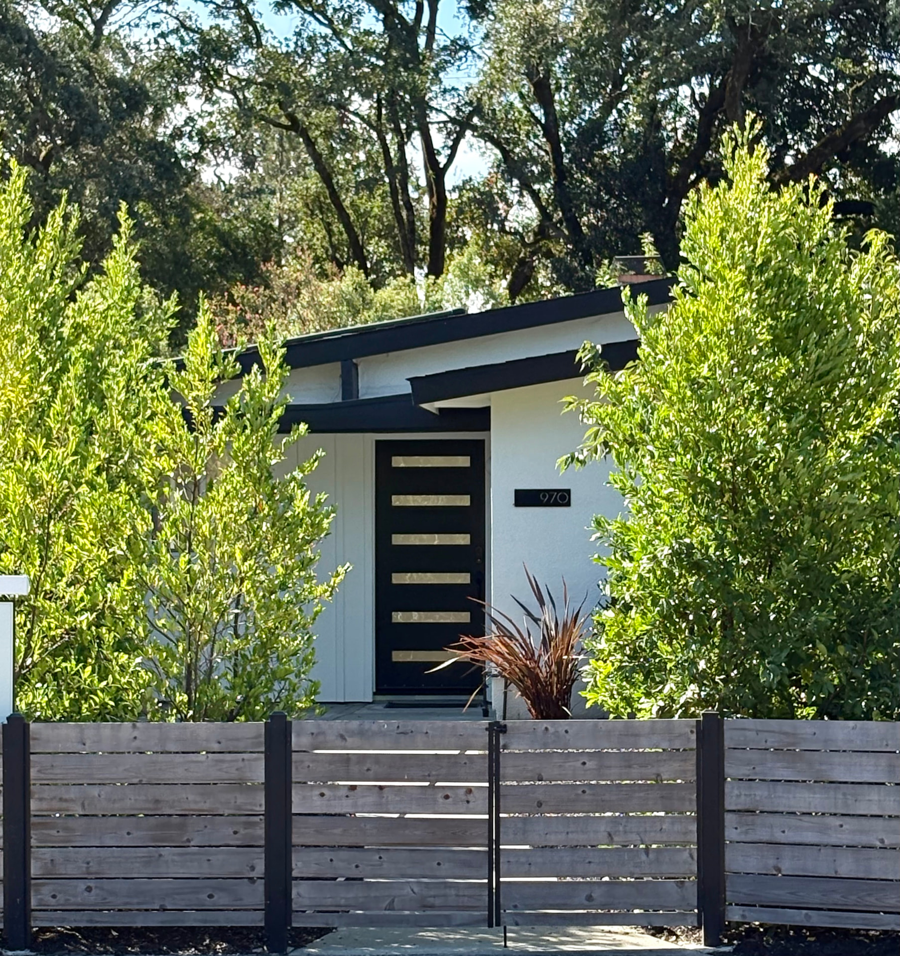 Black and brass front door of the main house framed by hedges