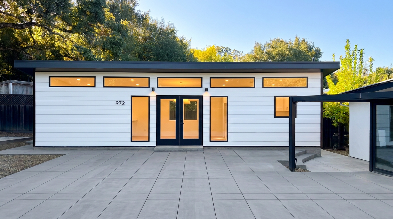Exterior of the newly built ADU at 970 Glenwood Drive with white siding, black trim, and clerestory windows