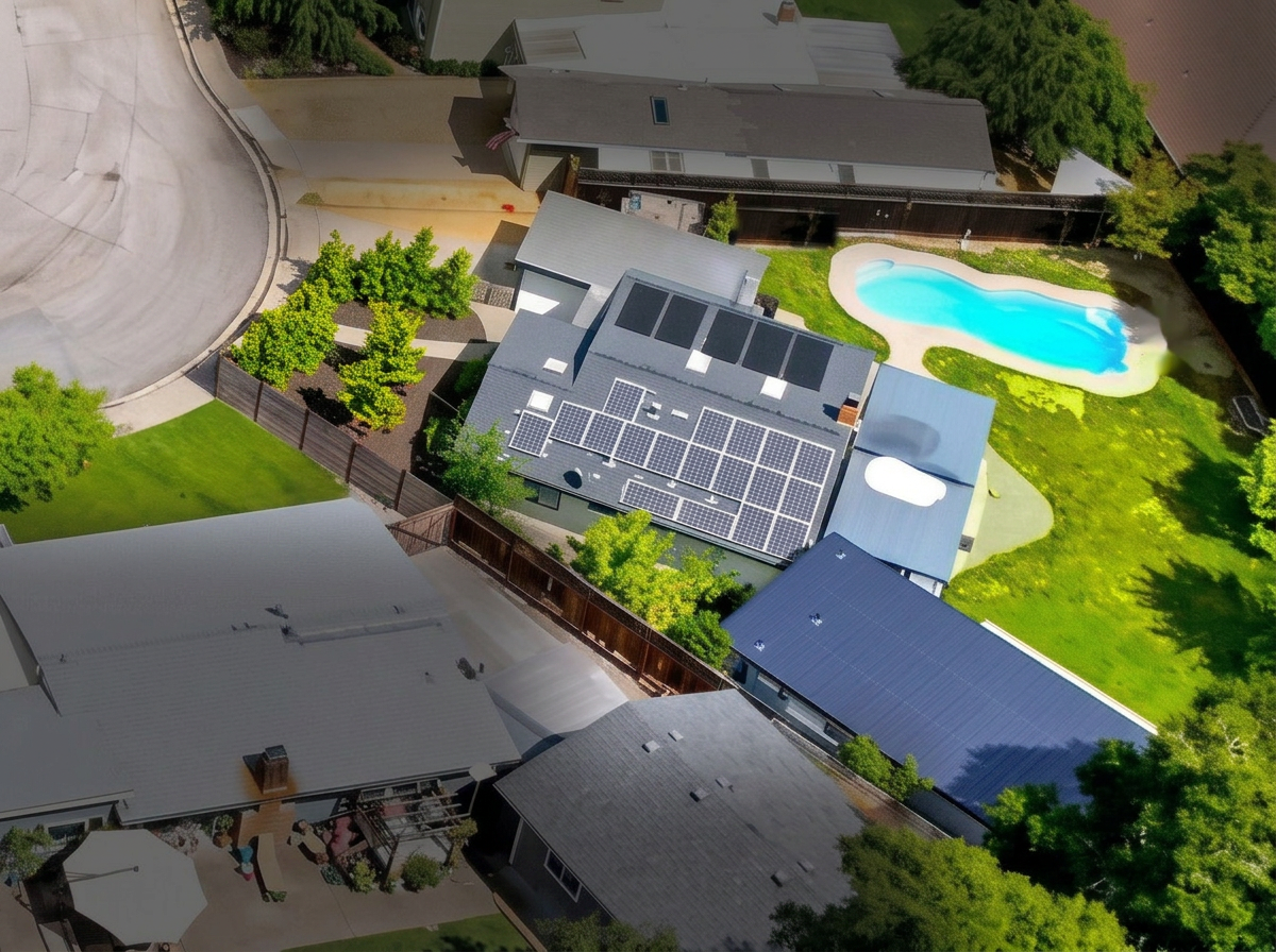 Aerial overview of 970 Glenwood Drive with the surrounding homes faded out, showing both rooftop solar areas and the pool