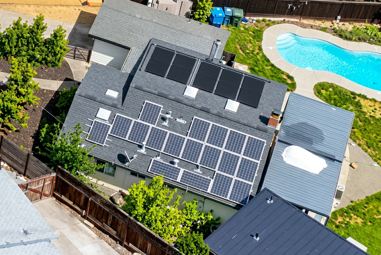 Close-up of the owned rooftop photovoltaic array at 970 Glenwood Drive — framed solar electric modules on the lower roof slope