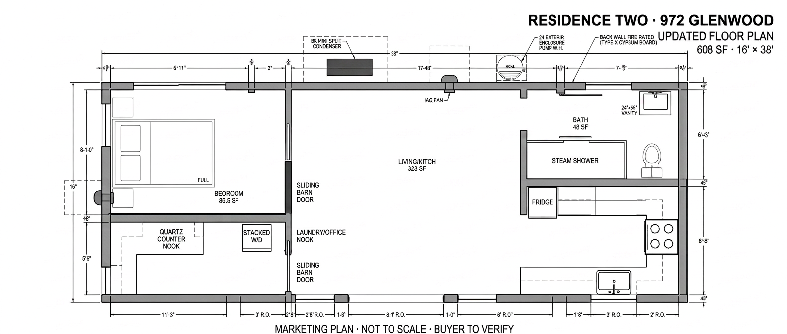 Updated floor plan of Residence Two with parallel barn doors and completed kitchen wall