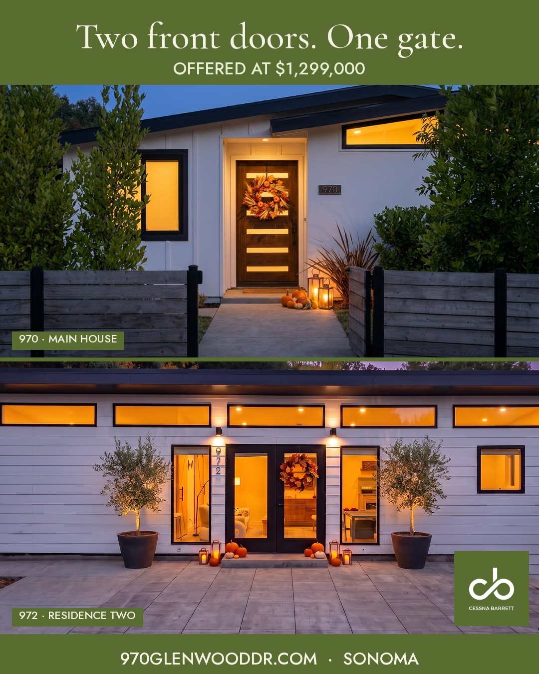 Front doors of the 970 main house and 972 Residence Two at twilight — Two front doors. One gate. Offered at $1,299,000